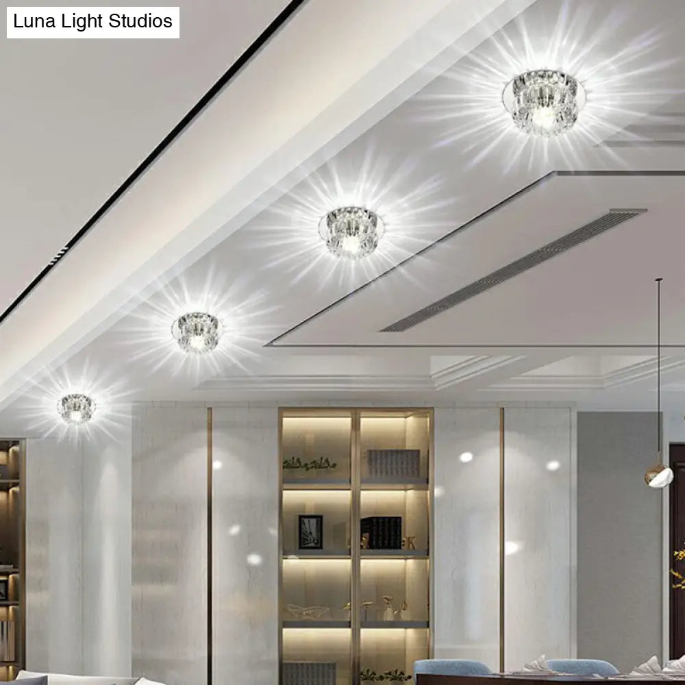 Clear Crystal Led Flush Mount Ceiling Light For Hallways - Simplicity Round Design / 3W White