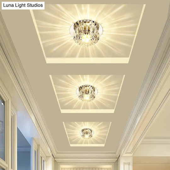 Clear Crystal Led Flush Mount Ceiling Light For Hallways - Simplicity Round Design / 3W Warm