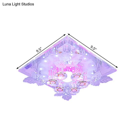 Clear Crystal Led Flush Mount Ceiling Light With Leaf Deco In Warm/White - 7’/9.5’ Width For