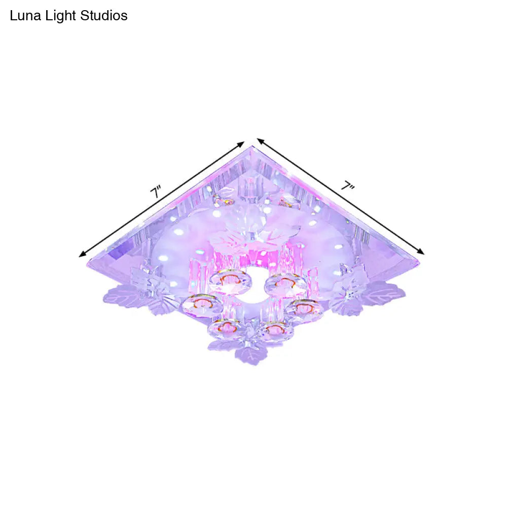 Clear Crystal Led Flush Mount Ceiling Light With Leaf Deco In Warm/White - 7/9.5 Width For Hallways