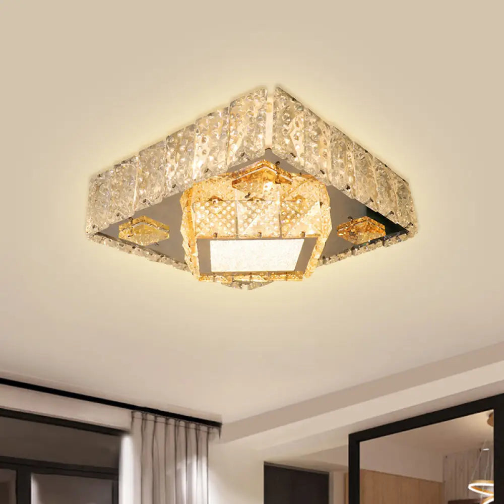 Clear Crystal Led Flush Mount Light Fixture With Modern Square Stainless - Steel Design