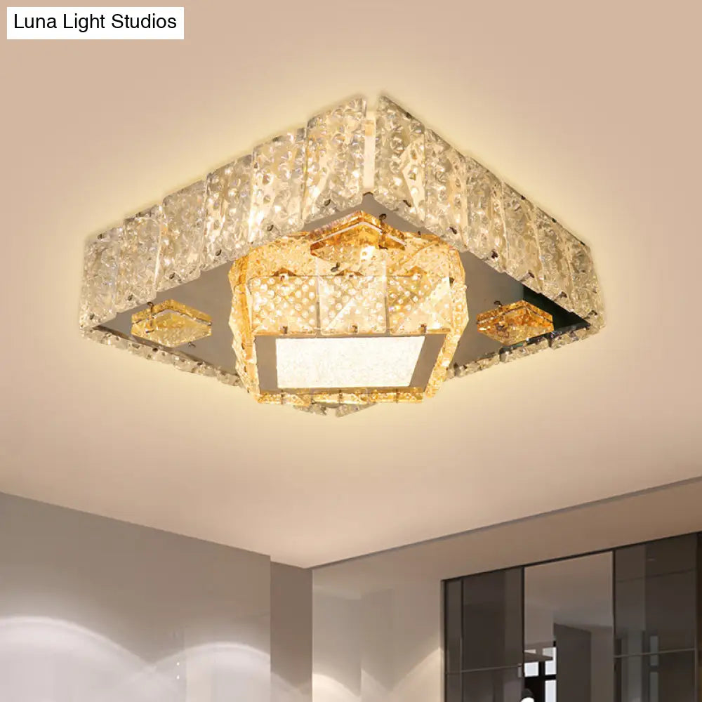 Clear Crystal Led Flush Mount Light Fixture With Modern Square Stainless - Steel Design