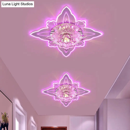 Clear Crystal Led Flushmount Ceiling Light - Floral Shaped Modern Hallway Flush Mount / Pink