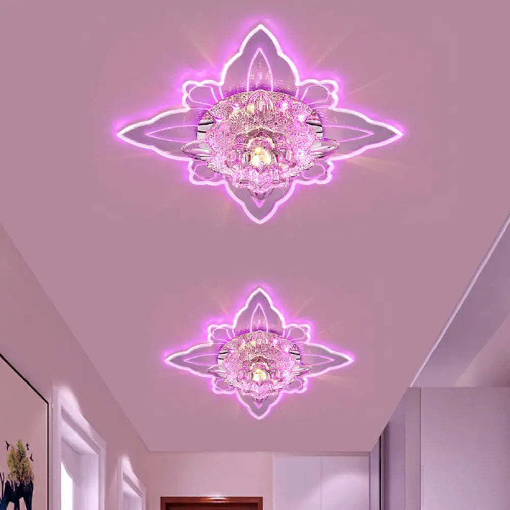 Clear Crystal Led Flushmount Ceiling Light - Floral Shaped Modern Hallway Flush Mount / Pink