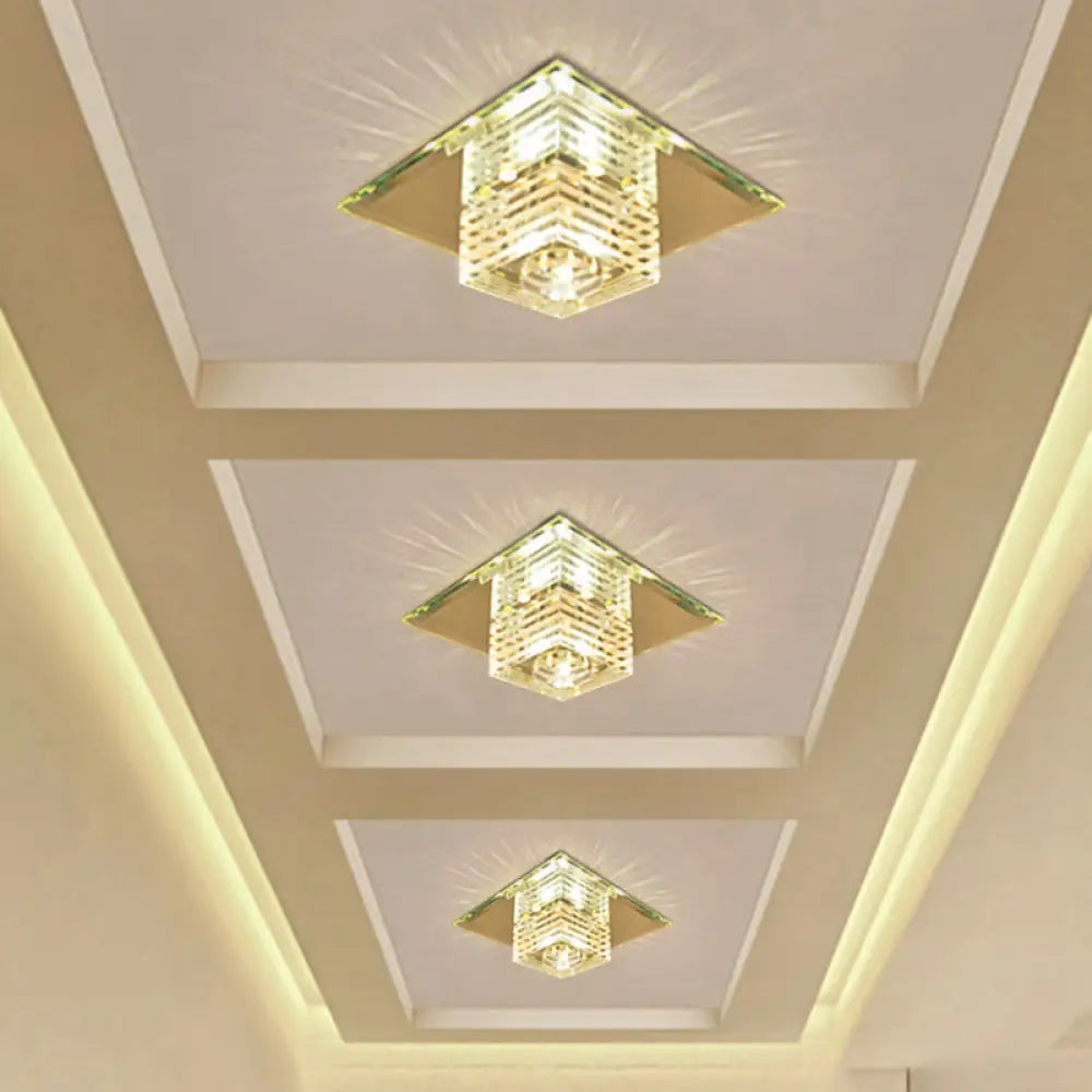 Clear Crystal Led Flushmount Ceiling Light With Beveled Cubic Design - Modern Lighting Fixture