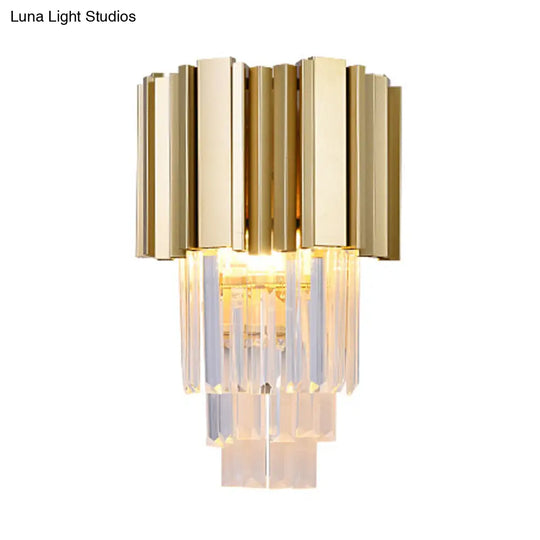 Clear Crystal Led Gold Wall Sconce With 2 Tiered Traditional Heads