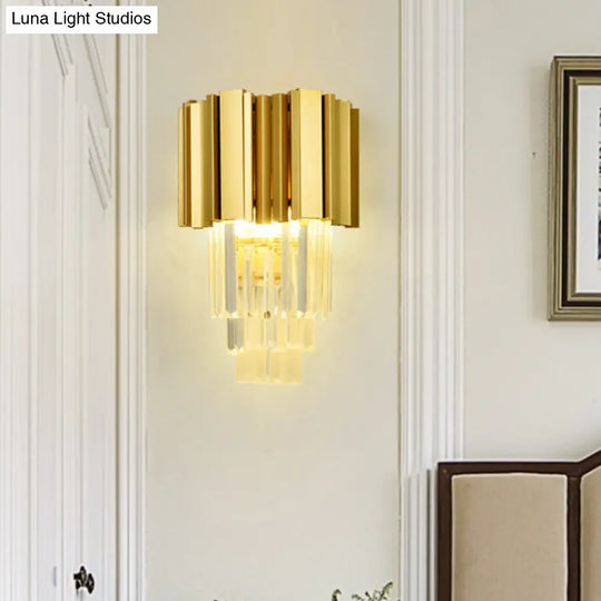 Clear Crystal Led Gold Wall Sconce With 2 Tiered Traditional Heads