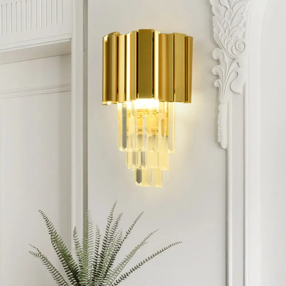 Clear Crystal Led Gold Wall Sconce With 2 Tiered Traditional Heads