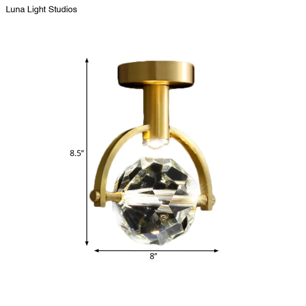 Clear Crystal Led Porch Ceiling Light: Beveled Hexahedron/Ball Semi Flush Mount Modern Brass