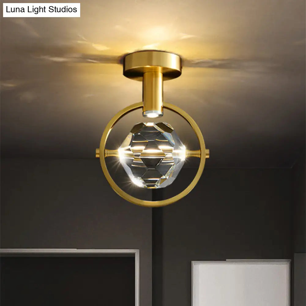 Clear Crystal Led Porch Ceiling Light: Beveled Hexahedron/Ball Semi Flush Mount Modern Brass