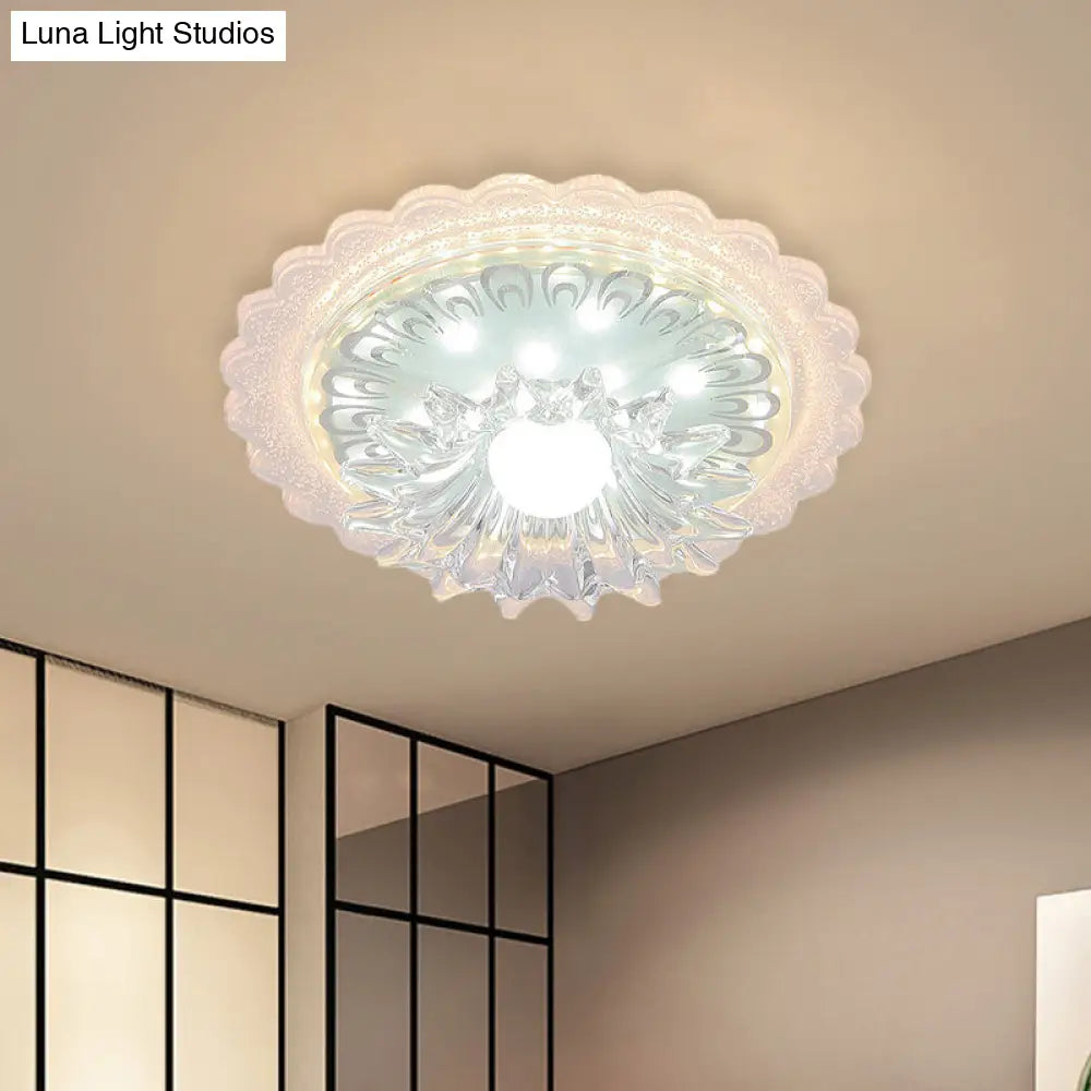 Clear Crystal Mini Ceiling Lamp With Scalloped Design - Led Flush Mount Light For Passageway And