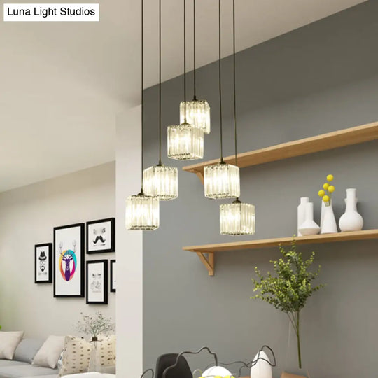 Clear Crystal Multi-Light Pendant With 6 Cubic Heads For Traditional Hanging Ceiling Lighting