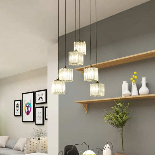 Clear Crystal Multi-Light Pendant With 6 Cubic Heads For Traditional Hanging Ceiling Lighting