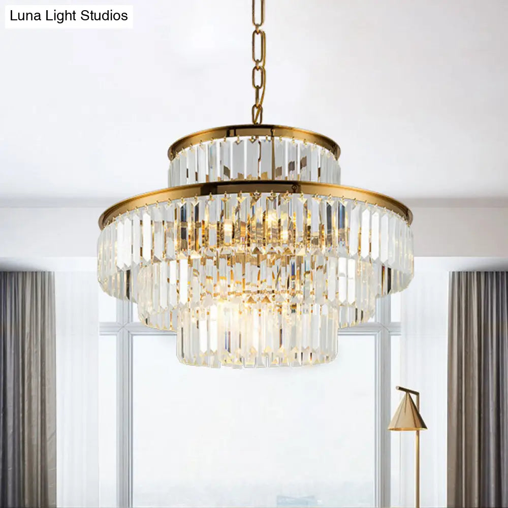 Postmodern 3-Layer Clear Crystal Chandelier - 23.5/31.5 Wide 9-Light Pendant Light For Dining Room /