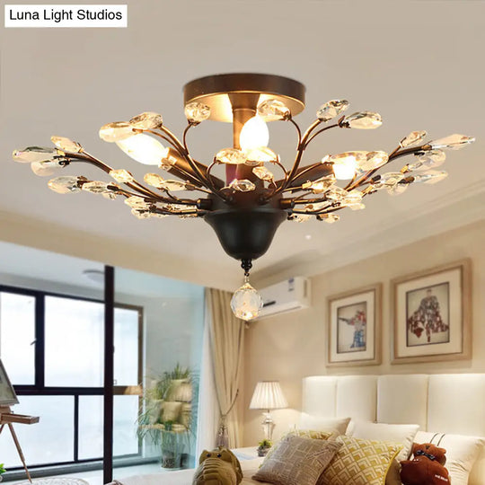 Clear Crystal Semi Flush Ceiling Fixture - 4 Bulb Traditional Branching Design For Bedroom