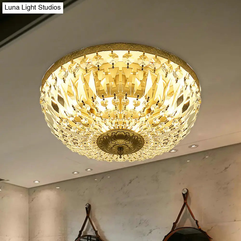 Clear Crystal Strand Flush Light - Modern Dome 4 - Head Ceiling Lamp In Brass For Living Room