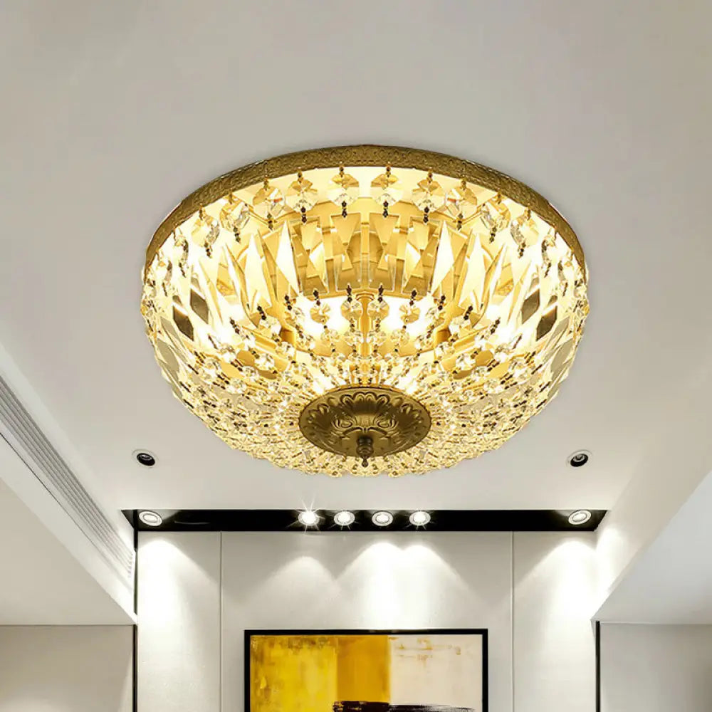 Clear Crystal Strand Flush Light - Modern Dome 4 - Head Ceiling Lamp In Brass For Living Room