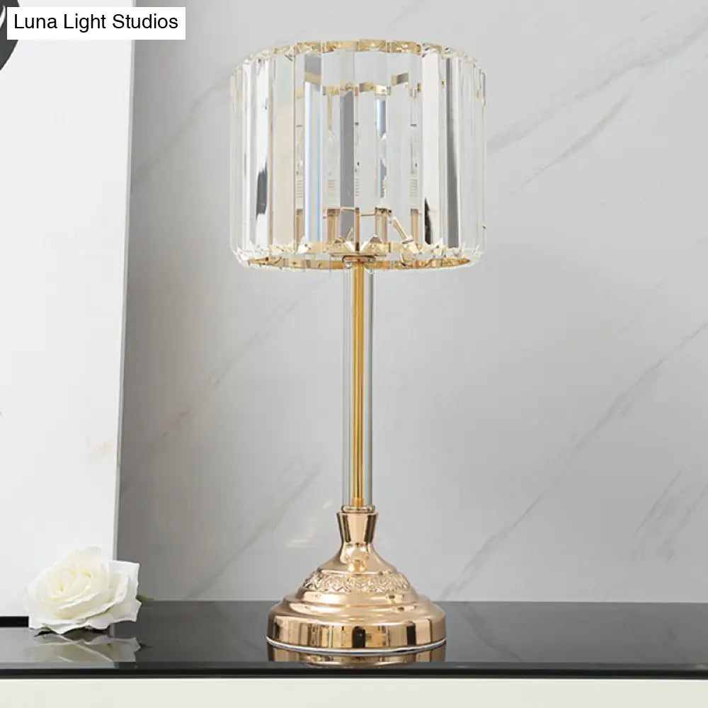 Clear Crystal Table Lamp With Drum Shade - Modern Bedchamber Nightstand Light In Champagne 10/8 W