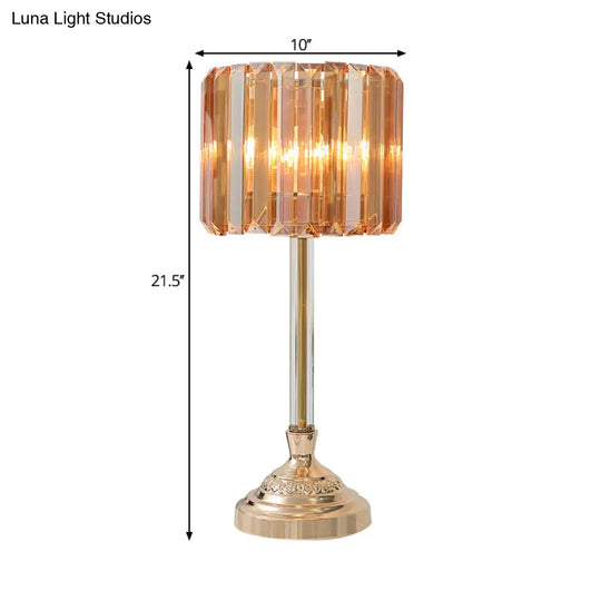 Clear Crystal Table Lamp With Drum Shade - Modern Bedchamber Nightstand Light In Champagne 10/8 W