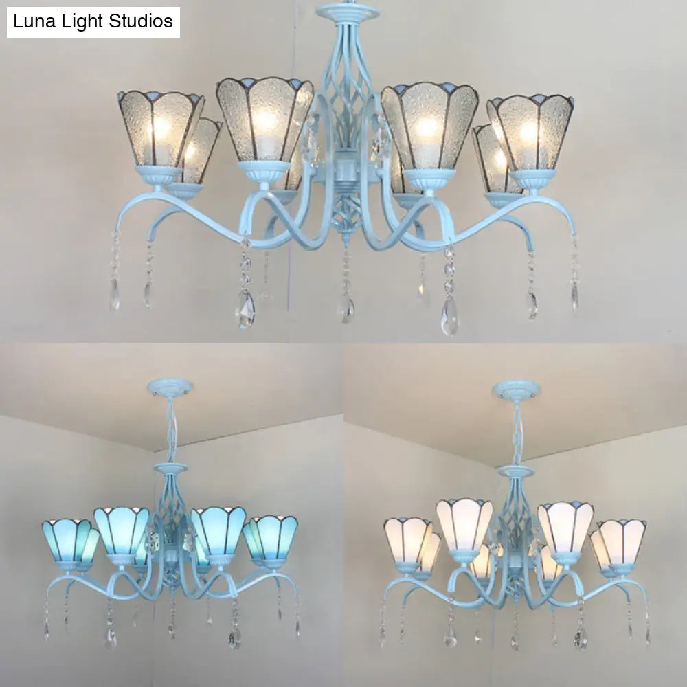 Clear Crystal Tiffany Stained Glass Cone Chandelier With 8 Hanging Lights In Blue/White/Clear