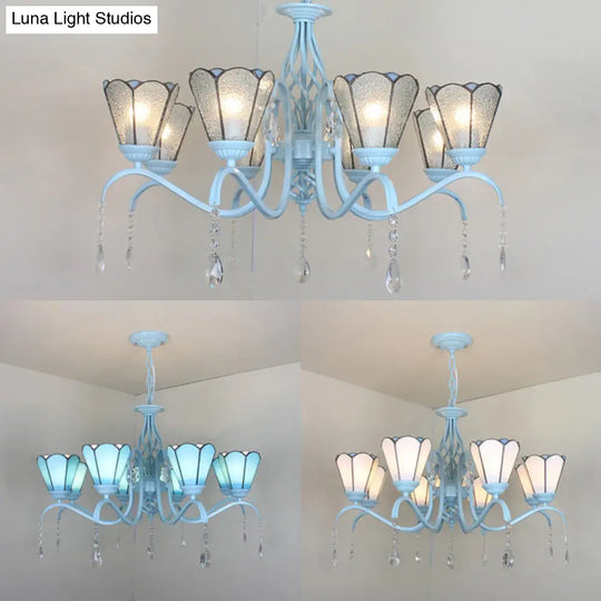 Clear Crystal Tiffany Stained Glass Cone Chandelier With 8 Hanging Lights In Blue/White/Clear