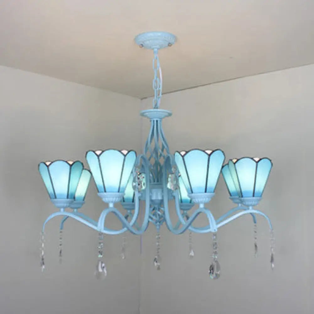 Clear Crystal Tiffany Stained Glass Cone Chandelier With 8 Hanging Lights In Blue/White/Clear Blue