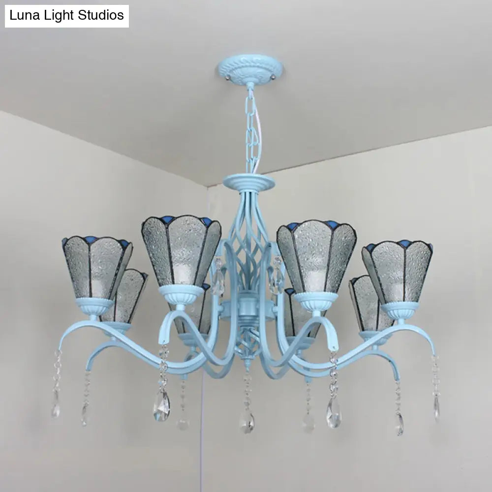 Clear Crystal Tiffany Stained Glass Cone Chandelier With 8 Hanging Lights In Blue/White/Clear