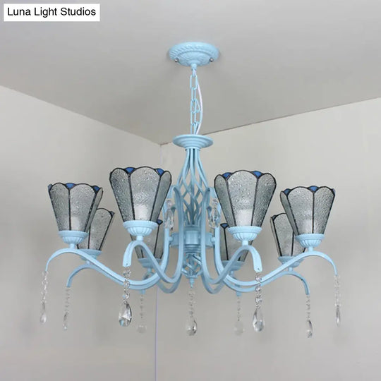 Clear Crystal Tiffany Stained Glass Cone Chandelier With 8 Hanging Lights In Blue/White/Clear