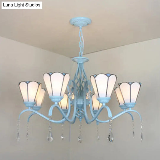 8-Light Stained Glass Chandelier With Clear Crystals - Cone Hanging Light In Clear/White/Blue White