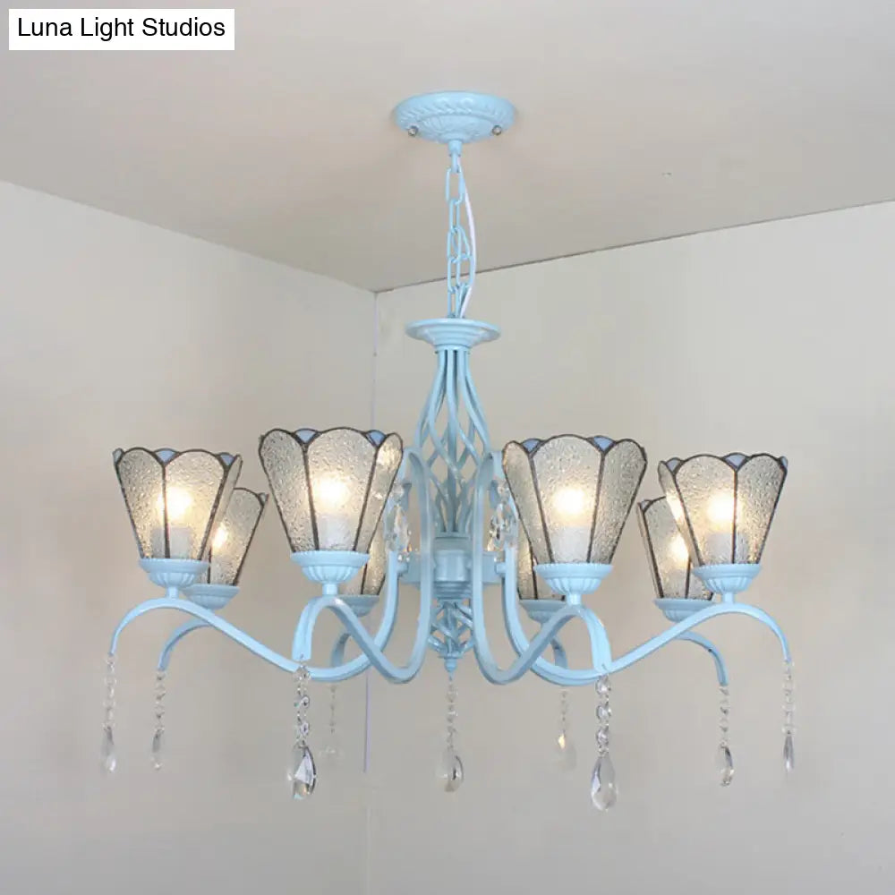 8-Light Stained Glass Chandelier With Clear Crystals - Cone Hanging Light In Clear/White/Blue