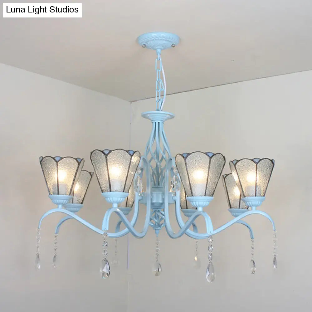 Clear Crystal Tiffany Stained Glass Cone Chandelier With 8 Hanging Lights In Blue/White/Clear