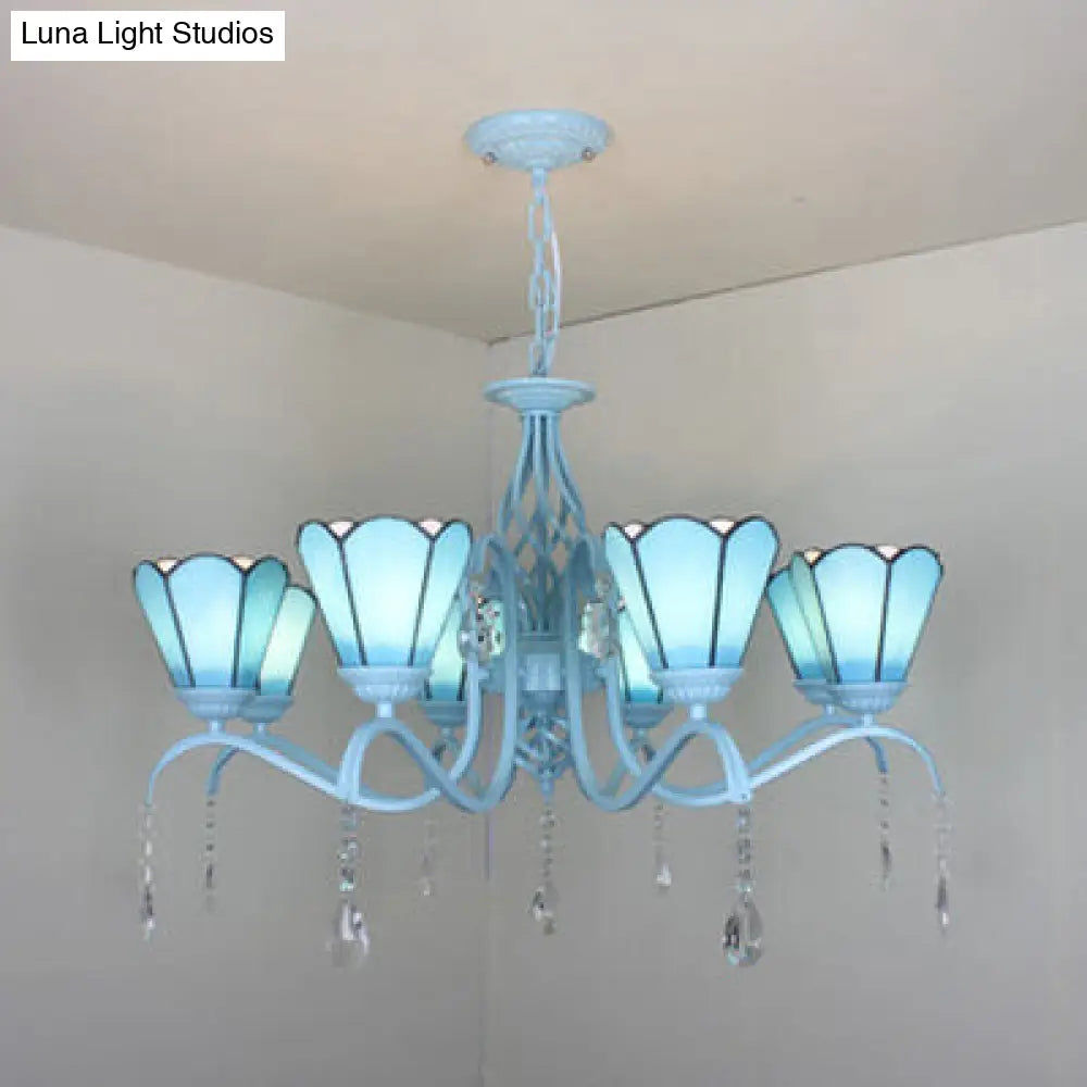 8-Light Stained Glass Chandelier With Clear Crystals - Cone Hanging Light In Clear/White/Blue Blue