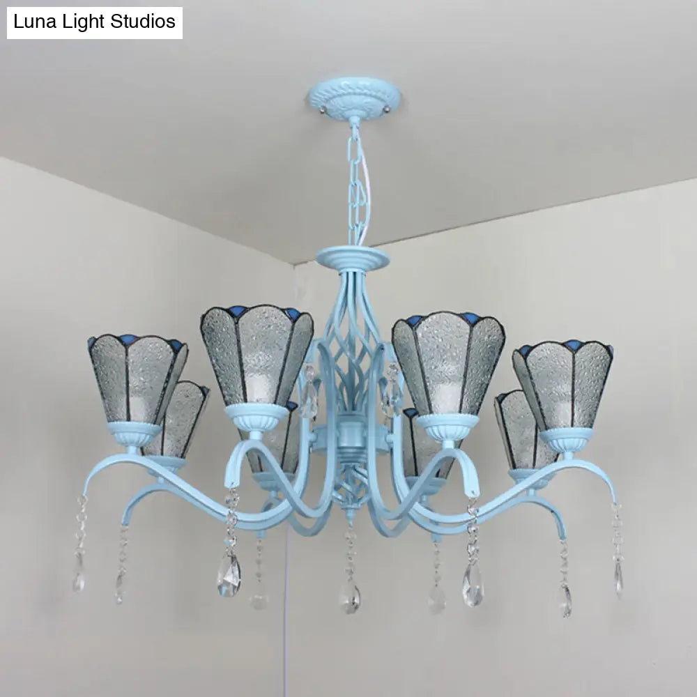 8-Light Stained Glass Chandelier With Clear Crystals - Cone Hanging Light In Clear/White/Blue