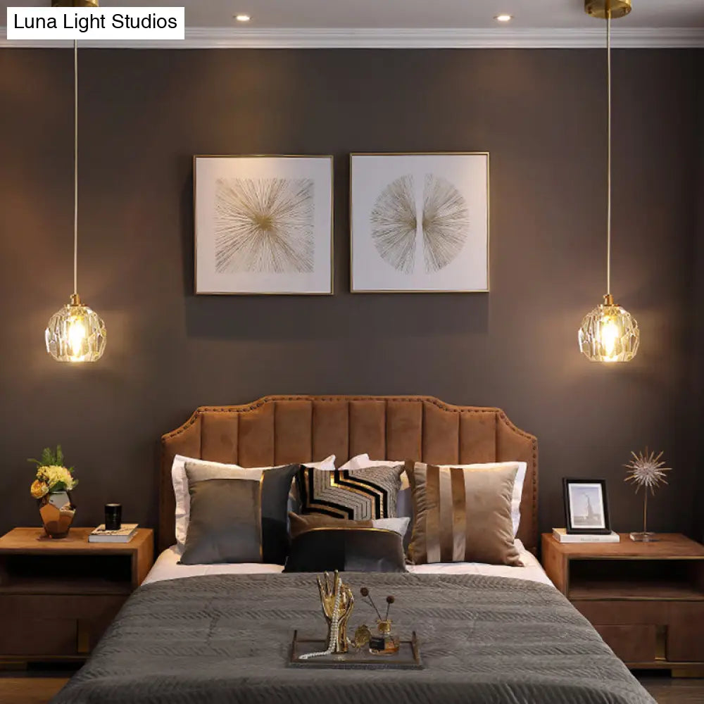 Gold Crystal Pendant Lamp: Simple & Elegant Ceiling Light For Bedside Or Any Room - 1 Clear-Cut Bulb