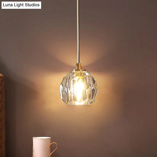 Clear Cut Crystal Gold Pendant Lamp With Simple Ball Design - 1 Bulb Bedside Light