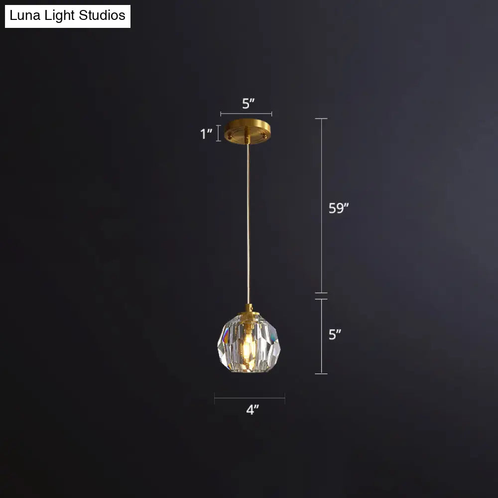 Clear Cut Crystal Gold Pendant Lamp With Simple Ball Design - 1 Bulb Bedside Light