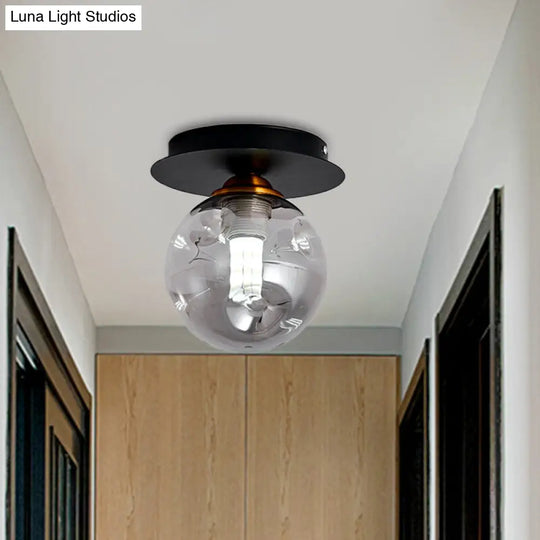 Clear Dimpled Glass 1-Bulb Flush Mount Light Fixture For Corridors In Black
