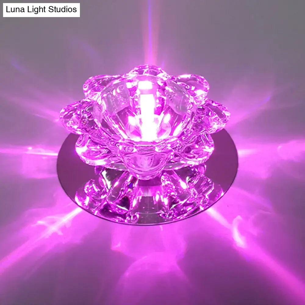 Clear Floral Crystal Led Ceiling Light - Contemporary Flush Mount Fixture / Purple