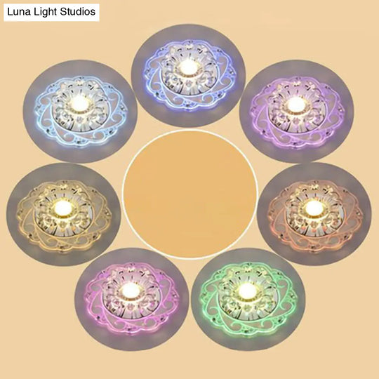 Clear Floral Led Crystal Ceiling Light - Contemporary Flush Mount For Hallways / 3W 7 Color