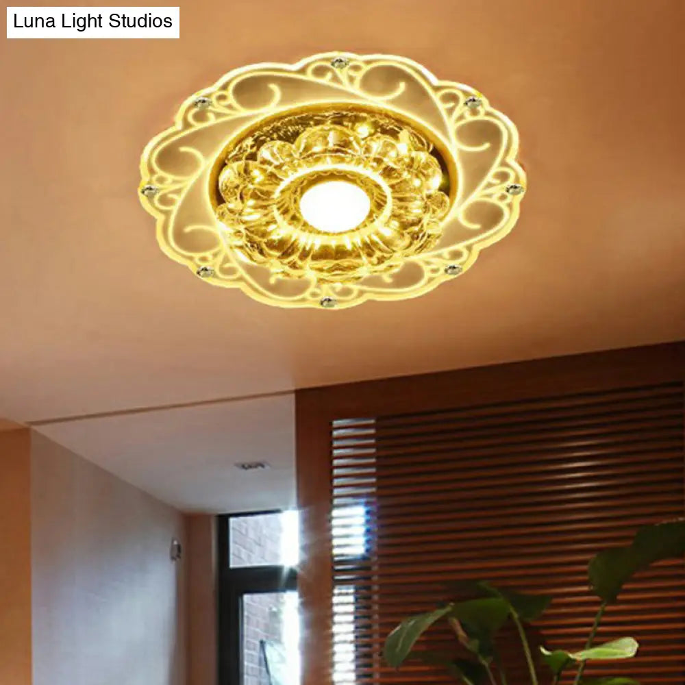 Clear Floral Led Crystal Ceiling Light - Contemporary Flush Mount For Hallways