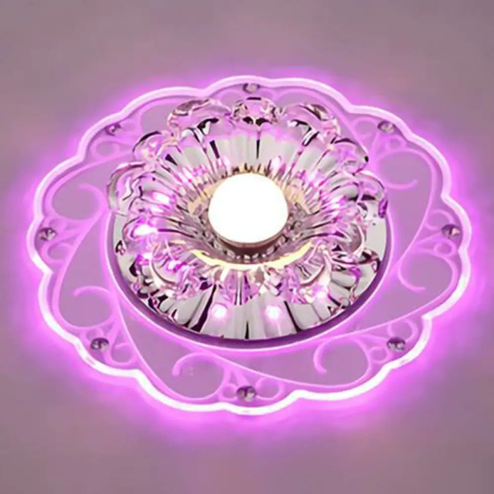 Clear Floral Led Crystal Ceiling Light - Contemporary Flush Mount For Hallways / 3W Purple