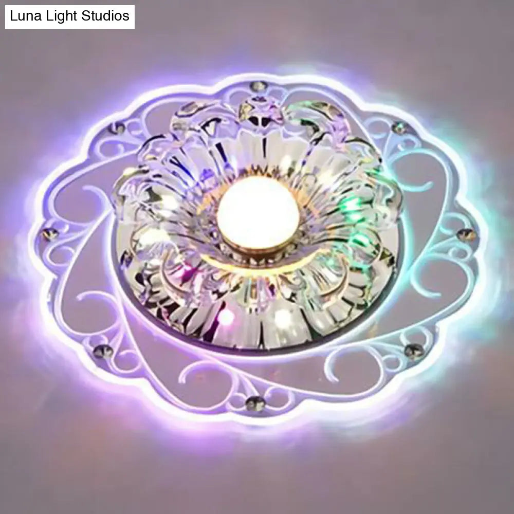 Clear Floral Led Crystal Ceiling Light - Contemporary Flush Mount For Hallways / 3W Multi Color