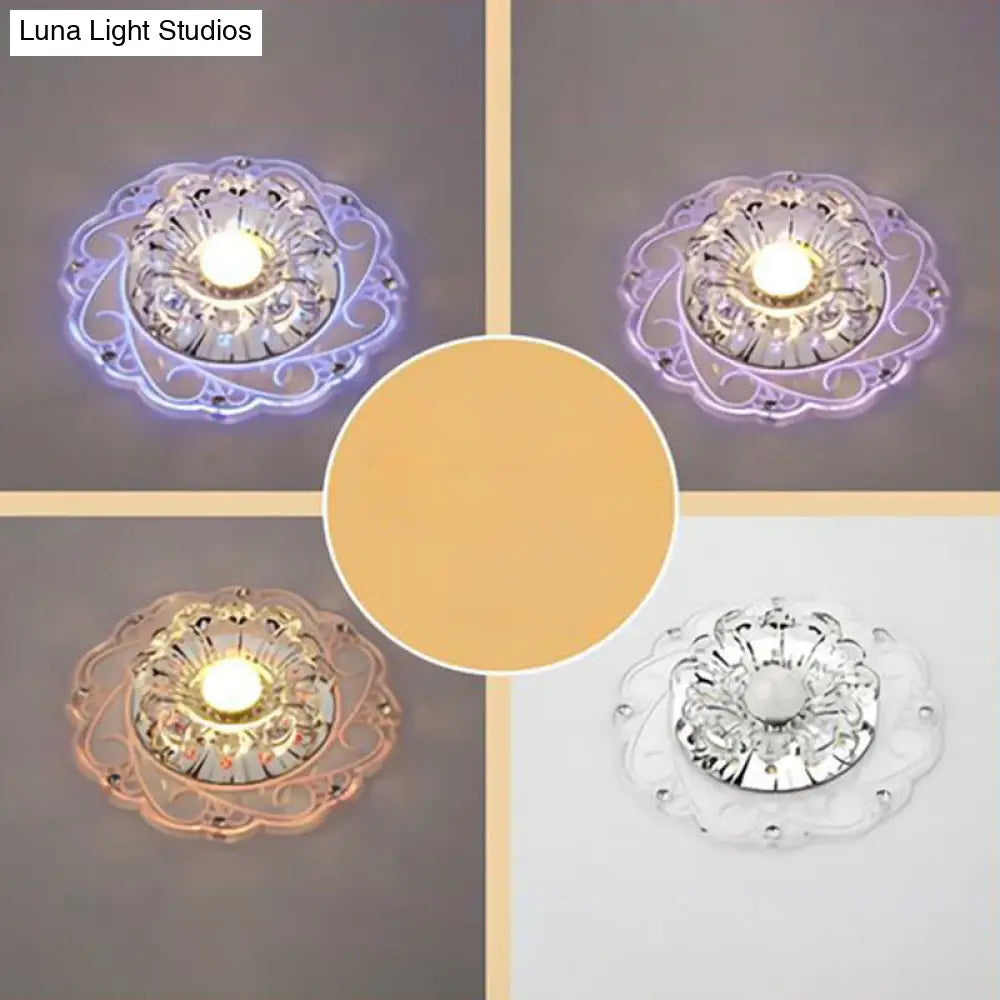 Clear Floral Led Crystal Ceiling Light - Contemporary Flush Mount For Hallways / 3W 6 Color