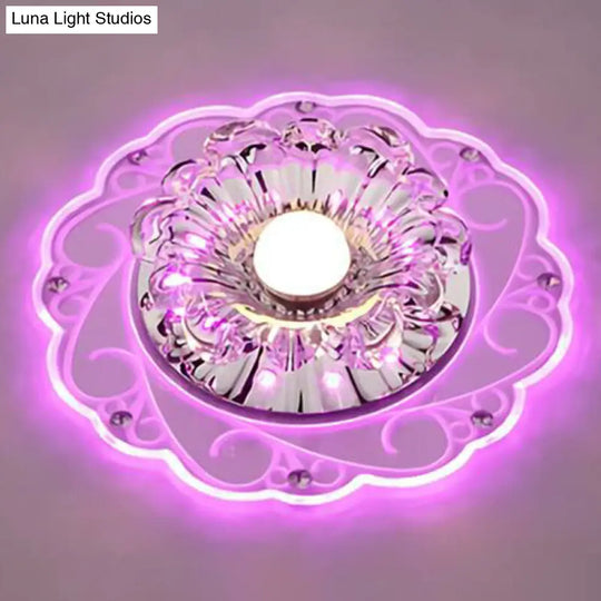 Clear Floral Led Crystal Ceiling Light - Contemporary Flush Mount For Hallways / 3W Purple