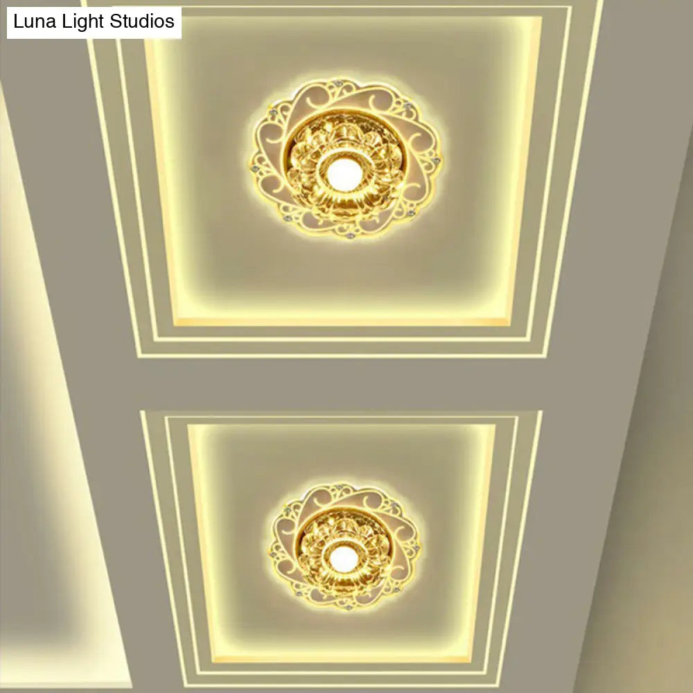 Clear Floral Led Crystal Ceiling Light - Contemporary Flush Mount For Hallways