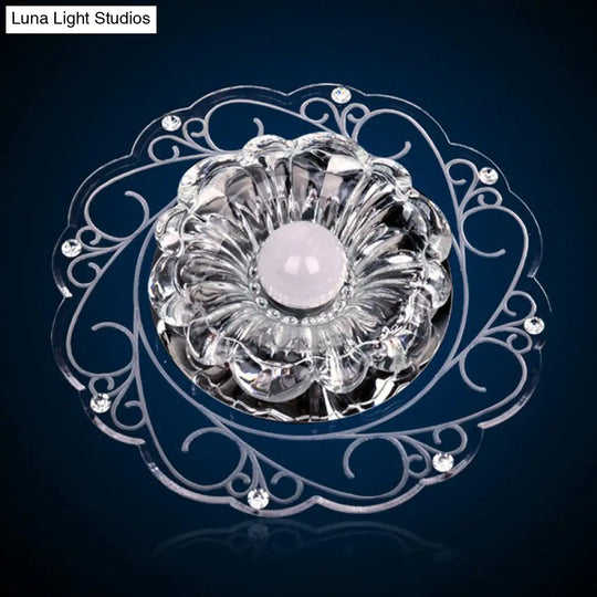 Clear Floral Led Crystal Ceiling Light - Contemporary Flush Mount For Hallways