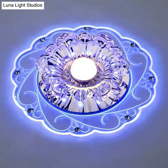 Clear Floral Led Crystal Ceiling Light - Contemporary Flush Mount For Hallways / 3W Blue