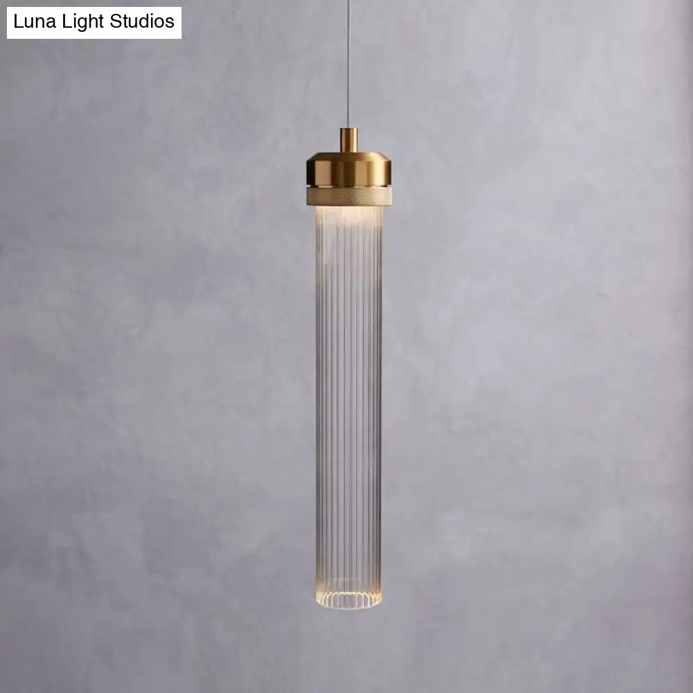 Clear Fluted Glass Tube Pendant Light: Simple Gold Ceiling Hanging Lamp For Dining Table