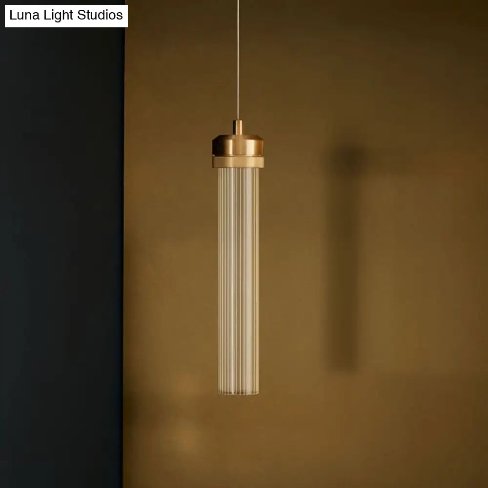 Clear Fluted Glass Tube Pendant Light: Simple Gold Ceiling Hanging Lamp For Dining Table