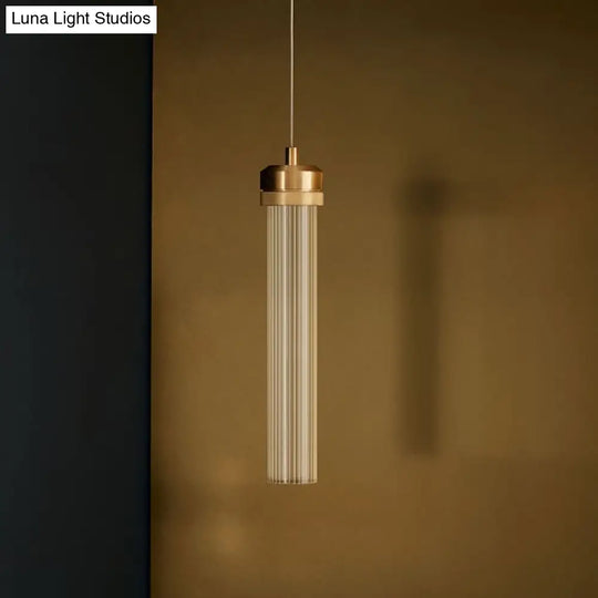 Clear Fluted Glass Tube Pendant Light: Simple Gold Ceiling Hanging Lamp For Dining Table